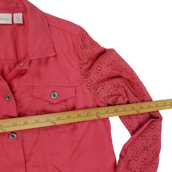 Chico's Linen Shacket Truckers Jacket Womens Sz M ( 1 ) Lace Sleeve Salmon - Picture 15 of 16